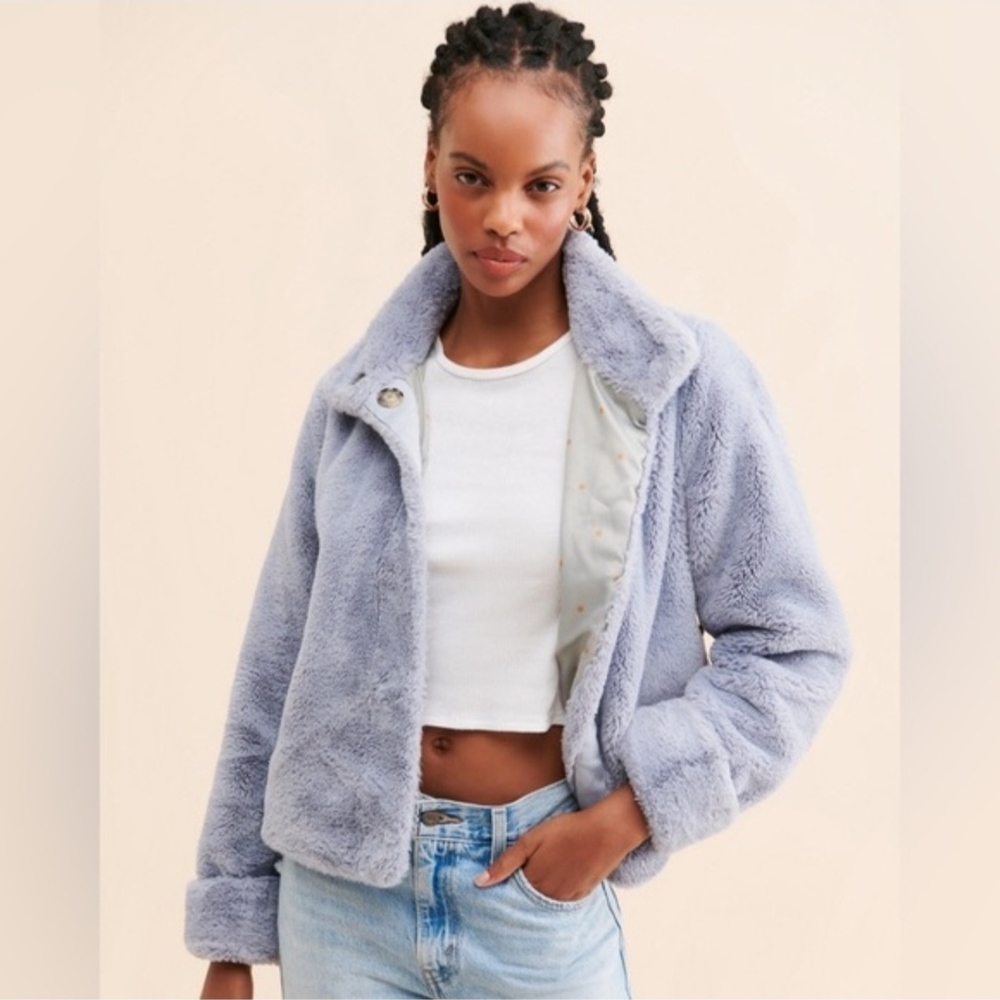Anthropologie Moonlight Faux Fur Jacket in Light Blue, Women's Size Small